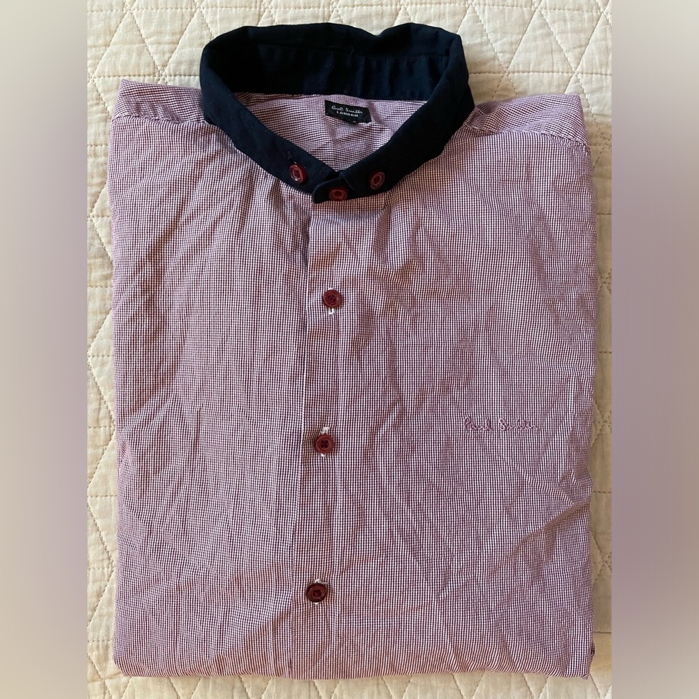 Paul Smith Contrast Banded Button Down Collar Micro Check Shirt in Burgundy XXL